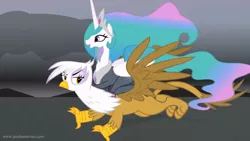 Size: 1366x768 | Tagged: safe, artist:jacob kitts, derpibooru import, gilda, princess celestia, gryphon, pony, beard, by celestia's beard, crossover, facial hair, flying, gandalf, gandalf the white, great eagle, great eagle of manwe, image, lord of the rings, majestic, parody, png, ponies riding griffons, re-enacted by ponies, riding, upset