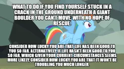 Size: 600x337 | Tagged: boulder, derpibooru import, edit, edited screencap, ghastly gorge, hitchhiker's guide to the galaxy, may the best pet win, meme, open mouth, pinned, rainbow dash, rock, safe, screencap, text, wide eyes