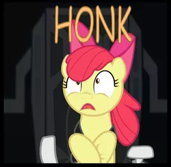 Size: 768x749 | Tagged: safe, artist:eagle1division, derpibooru import, apple bloom, earth pony, pony, comic:applebloom's big haul, animal noises, apple bloom's bow, bow, cockpit, crossed hooves, crossover, descriptive noise, elite dangerous, female, filly, g-force, great moments in vectoring, hair bow, honk, open mouth, seatbelt, shrunken pupils, solo, spaceship, wide eyes