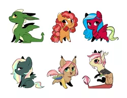 Size: 3300x2550 | Tagged: safe, artist:kianamai, derpibooru import, oc, oc:blu, oc:cinnamon crisp, oc:cry baby, oc:europa (draconequus), oc:gloria, oc:sparkler, unofficial characters only, draconequus, dragon, earth pony, pegasus, pony, chest fluff, lidded eyes, looking back, ponysona, simple background, sitting, smiling, spread wings, white background, wings