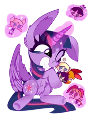 Size: 900x1200 | Tagged: safe, artist:yanderesweet, derpibooru import, twilight sparkle, twilight sparkle (alicorn), alicorn, pony, blossom (powerpuff girls), bubbles (powerpuff girls), buttercup (powerpuff girls), cute, glowing horn, grin, horn, magic, plushie, simple background, smiling, solo, telekinesis, the powerpuff girls, transparent background, twiabetes, voice actor joke