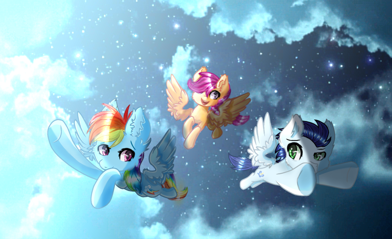 Size: 1024x625 | Tagged: safe, artist:victoriathething, derpibooru import, rainbow dash, scootaloo, soarin', pony, cloud, cloudy, cute, cutealoo, female, flying, male, scootaloo can fly, scootalove, starry night