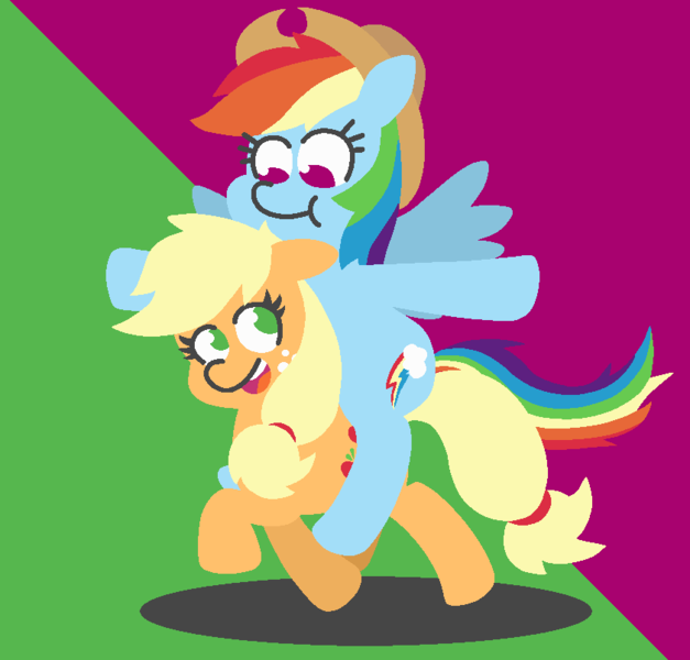 Size: 840x804 | Tagged: safe, artist:threetwotwo32232, derpibooru import, applejack, rainbow dash, earth pony, pegasus, pony, appledash, applejack's hat, cowboy hat, female, hat, lesbian, ponies riding ponies, riding, shipping, simple background