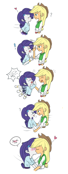 Size: 1000x2550 | Tagged: safe, artist:tcn1205, derpibooru import, applejack, rarity, human, equestria girls, applejack's hat, applejerk, blushing, comic, cowboy hat, cute, duo, female, hat, heart, humanized, kissing, lesbian, pony coloring, rarijack, shipping, simple background, white background