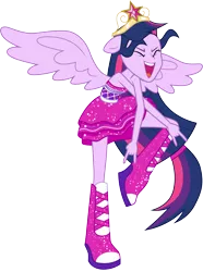 Size: 3001x4044 | Tagged: safe, artist:cloudyglow, derpibooru import, twilight sparkle, twilight sparkle (alicorn), alicorn, equestria girls, equestria girls (movie), .ai available, absurd resolution, adorkable, boots, clothes, crown, cute, dancing, devil horn (gesture), do the sparkle, dork, dress, eyes closed, fall formal, fall formal outfits, female, jewelry, regalia, shoes, simple background, solo, transparent background, vector, wings