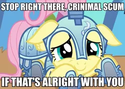 Size: 867x618 | Tagged: armor, c:, caption, criminal scum, crystal guard armor, cute, derpibooru import, floppy ears, fluttershy, guard, if that's okay with you, image macro, looking at you, safe, shyabetes, smiling, solo, stop right there criminal scum, text