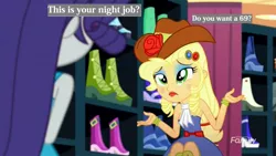 Size: 1536x864 | Tagged: suggestive, derpibooru import, edit, edited screencap, screencap, applejack, rarity, eqg summertime shorts, equestria girls, make up shake up, 69 (number), applejewel, boots, caption, clothes, fall formal outfits, female, flower, hat, image macro, implied prostitution, implied sex, innuendo, lesbian, lipstick, makeup, meme, parody, rarijack, shipping, shoes, text