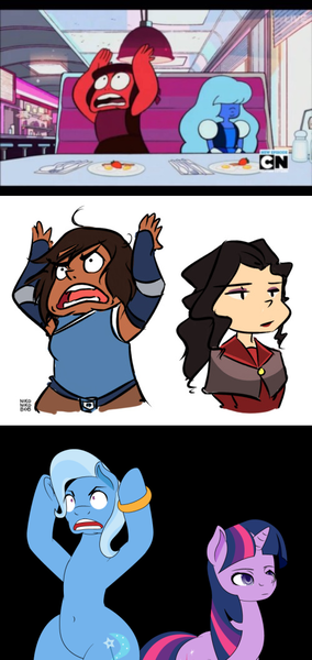 Size: 500x1055 | Tagged: safe, artist:dekomaru, derpibooru import, trixie, twilight sparkle, pony, tumblr:ask twixie, asami sato, ask, female, korra, korrasami, lesbian, parody, ruby (steven universe), sapphire (steven universe), shipping, steven universe, the legend of korra, tumblr, twixie