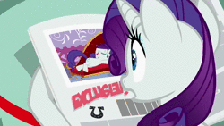 Size: 1280x720 | Tagged: safe, derpibooru import, screencap, rarity, pony, unicorn, ponyville confidential, animated, fainting couch, foal free press, gabby gums, gasp, gasping, i'll destroy her, newspaper, solo, sound, the worst possible thing, webm