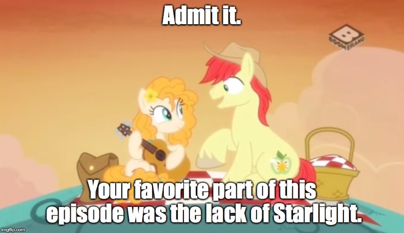 Size: 866x500 | Tagged: safe, derpibooru import, edit, edited screencap, screencap, bright mac, pear butter, starlight glimmer, pony, the perfect pear, boomerang (tv channel), caption, downvote bait, drama, drama bait, image macro, meme, op isn't even trying anymore, starlight drama, starlight drama drama, text