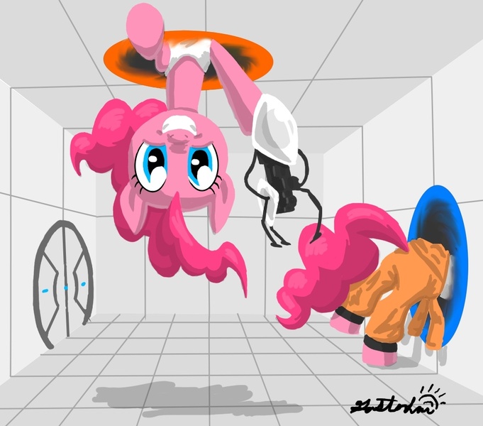 Size: 1084x955 | Tagged: artist:grandpalove, crossover, derpibooru import, pinkie pie, portal, portal gun, portal (valve), safe