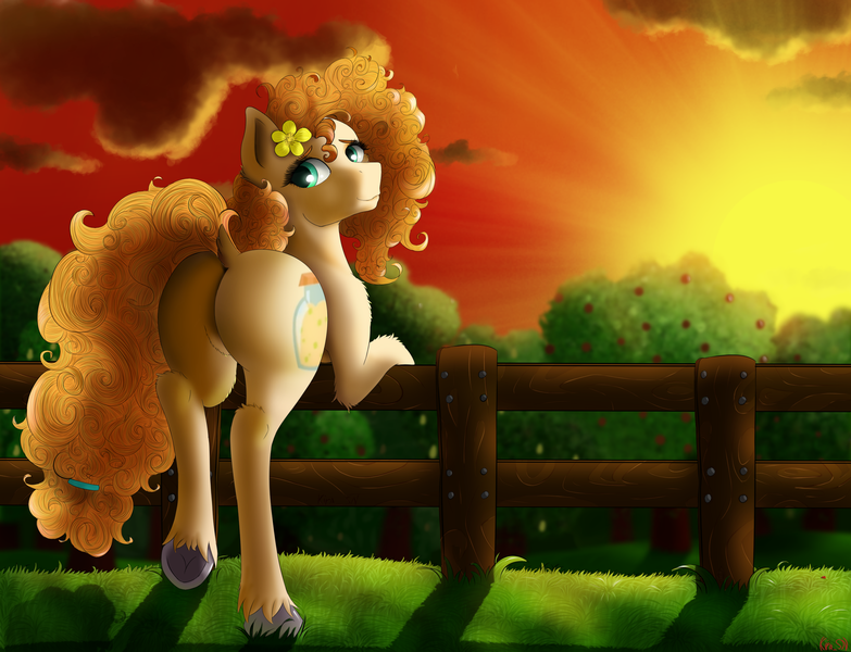 Size: 2609x2000 | Tagged: suggestive, artist:kirasunnight, derpibooru import, pear butter, earth pony, pony, the perfect pear, butt, dock, ear fluff, female, fence, flower, flower in hair, fluffy, frog (hoof), leg fluff, looking at you, looking back, looking back at you, mare, pear butt, plot, raised tail, rear view, shoulder fluff, solo, sunset, tail, underhoof, unshorn fetlocks