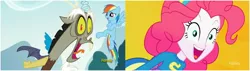 Size: 2566x728 | Tagged: safe, derpibooru import, screencap, discord, pinkie pie, rainbow dash, eqg summertime shorts, equestria girls, steps of pep, what about discord?, crazy face, discovery family, discovery family logo, faic, flying, laughing, nightmare fuel