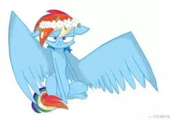 Size: 2853x2001 | Tagged: safe, artist:ratann, derpibooru import, rainbow dash, pegasus, pony, blushing, female, floral head wreath, flower, flower in hair, grumpy, i'm not cute, mare, rainbow dash is not amused, simple background, solo, spread wings, unamused, wings