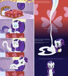 Size: 8256x9216 | Tagged: safe, artist:parclytaxel, derpibooru import, part of a set, rarity, genie, genie pony, pony, unicorn, ain't never had friends like us, ask generous genie rarity, .svg available, absurd resolution, armband, ask, bed, bedroom, blinds, bottle, carousel boutique, comic, eyes closed, female, geniefied, leg brace, looking at you, looking back, mare, night, open mouth, part of a series, prone, smiling, solo, stars, tumblr, vector, veil, window