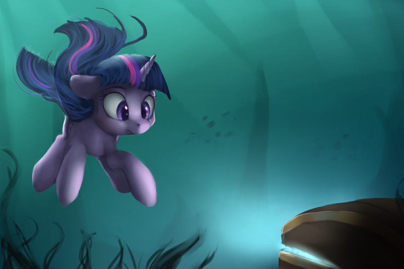 Size: 1500x1000 | Tagged: safe, artist:vanillaghosties, derpibooru import, twilight sparkle, twilight sparkle (alicorn), alicorn, pony, female, mare, seaweed, solo, swimming, treasure chest, underwater