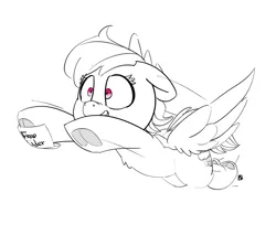 Size: 6333x5646 | Tagged: safe, artist:pabbley, derpibooru import, rainbow dash, pegasus, pony, 30 minute art challenge, absurd resolution, flying, frog (hoof), hoofbutt, lineart, partial color, shrunken pupils, simple background, solo, that pony sure does love cider, underhoof, white background