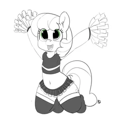 Size: 8499x8387 | Tagged: safe, artist:pabbley, derpibooru import, cheerilee, earth pony, pony, absurd resolution, belly button, cheeribetes, cheerileeder, cheerleader, clothes, cute, female, kneeling, mare, midriff, open mouth, partial color, pom pom, short skirt, simple background, skirt, socks, solo, white background