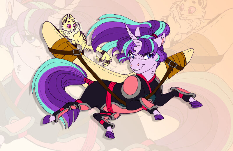 Size: 1024x663 | Tagged: safe, artist:earthsong9405, deleted from derpibooru, derpibooru import, starlight glimmer, nekomata, original species, pony, unicorn, youkai, armor, boomerang, crossover, demon slayer, female, hiraikotsu, inuyasha, kelly sheridan, kirara, mare, sango, voice actor joke