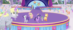 Size: 860x359 | Tagged: safe, derpibooru import, screencap, applejack, blaze, chocolate apple, derpy hooves, fleetfoot, fluttershy, high winds, melody star, rainbow dash, rarity, silver lining, silver zoom, soarin', spike, twilight sparkle, twilight sparkle (alicorn), unnamed character, unnamed pony, wind whistler (g4), alicorn, dragon, earth pony, pegasus, pony, unicorn, my little pony: the movie, animated, background pony, big crown thingy, clones, clothes, cute, derpy being derpy, element of magic, fake horn, female, gif, goggles, hat, jewelry, male, mare, non-looping gif, party hat, regalia, stallion, uniform, wonderbolts, wonderbolts uniform