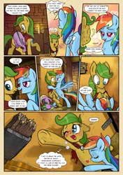 Size: 1355x1920 | Tagged: suggestive, artist:pencils, derpibooru import, rainbow dash, spike, oc, oc:silky strings, dragon, earth pony, pegasus, pony, comic:anon's pie adventure, against wall, armpits, belly kisses, bipedal, bipedal leaning, blushing, canon x oc, comic, dialogue, door, dragons riding ponies, eyes closed, faceplant, female, floppy ears, frog (hoof), heart eyes, imminent cunnilingus, kissing, leaning, lesbian, male, mare, open mouth, reaching, riding, speech bubble, that escalated quickly, trail of kisses, underhoof, wingding eyes