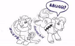 Size: 634x387 | Tagged: safe, artist:foxspotted, derpibooru import, moondancer (g1), quarterback, pony, unicorn, aaugh!, clothes, dialogue, female, g1, grayscale, lineart, male, mare, monochrome, partial color, peanuts, speech bubble, stallion, traditional art, underhoof, unshorn fetlocks