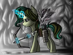 Size: 1400x1050 | Tagged: safe, artist:magicstarfriends, derpibooru import, oc, unofficial characters only, pony, unicorn, arrow, bow (weapon), bow and arrow, feather, female, levitation, magic, mare, quiver, solo, telekinesis, weapon