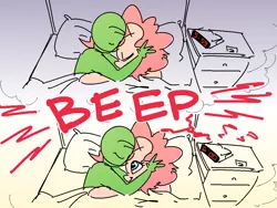 Size: 1000x750 | Tagged: alarm clock, artist:nobody, clock, cute, daaaaaaaaaaaw, derpibooru import, dream, edit, everything is fixed, female, good end, happy, human, male, oc, oc:anon, pinkie pie, safe, series:anon's alarm clock, smiling, snuggling, straight, weapons-grade cute, wholesome