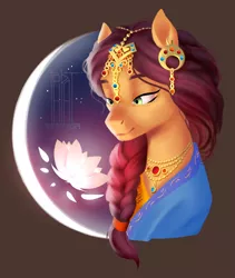 Size: 1164x1378 | Tagged: artist needed, safe, derpibooru import, oc, unofficial characters only, pony, my little brony risovach, braid, clothes, ear piercing, earring, flower, jewelry, lotus (flower), moon, necklace, piercing, pigtails, solo