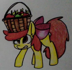 Size: 596x581 | Tagged: safe, artist:rozzertrask, derpibooru import, apple bloom, earth pony, pony, apple bloom's bow, basket, bow, female, filly, gritted teeth, hair bow, simple background, solo, traditional art