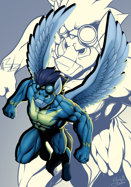 Size: 900x1280 | Tagged: anthro, artist:ponyanony, clothes, derpibooru import, male, muscles, pecs, pegasus, safe, serious, serious face, soarin', soaripped, solo, swolin', tight clothing, unguligrade anthro, uniform, wonderbolts uniform, zoom layer