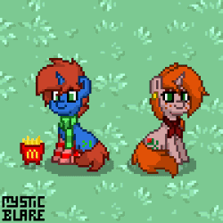 Size: 400x400 | Tagged: safe, artist:mystic blare, derpibooru import, oc, oc:cyberpon3, oc:debra rose, unofficial characters only, pony, unicorn, pony town, animated, clothes, food, gif, mcdonald's, pixel art, scarf, socks, striped socks