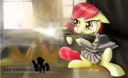 Size: 2500x1530 | Tagged: apple bloom, artist:chopsticks, crossover, derpibooru import, female, filly, gun, gunslinger girl, henrietta (gunslinger girl), muzzle flash, p90, safe, solo, text, weapon