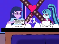 Size: 1032x774 | Tagged: safe, artist:ktd1993, derpibooru import, match game, sonata dusk, twilight sparkle, equestria girls, female, heart hands, heart shaped, lesbian, match game (game show), shipping, twinata