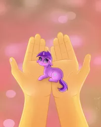 Size: 1024x1280 | Tagged: safe, derpibooru import, amethyst star, oc, oc:tinisparkler, human, pony, unicorn, commission, female, floppy ears, hand, holding a pony, in goliath's palm, mare, micro, offscreen character, pov, tiny, tiny ponies, ych result