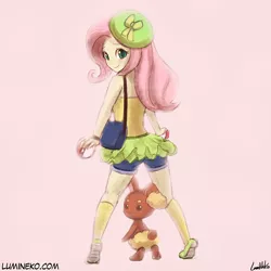 Size: 750x750 | Tagged: safe, artist:lumineko, derpibooru import, fluttershy, buneary, equestria girls, clothes, crossover, cute, female, looking at you, looking back, pokémon, shyabetes, simple background