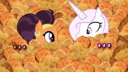 Size: 1366x768 | Tagged: safe, derpibooru import, fleur-de-lis, saffron masala, pony, unicorn, awkward moment, chicken meat, chicken nugget, don't take it seriously, female, food, looking at each other, manip, mare, meat, nug life, silence