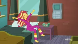 Size: 1280x720 | Tagged: safe, derpibooru import, screencap, sunset shimmer, eqg summertime shorts, equestria girls, monday blues, feet, sunset's apartment, the ass was fat