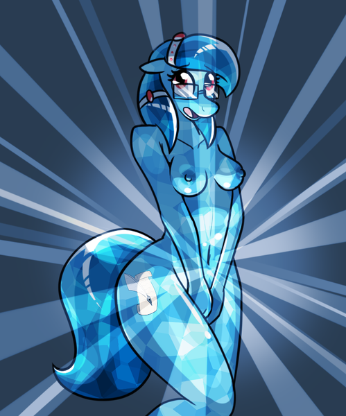 Size: 680x818 | Tagged: questionable, artist:whatsapokemon, derpibooru import, oc, oc:historia, unofficial characters only, anthro, crystal pony, belly button, breasts, dildo, female, flashlight (object), glasses, glow, image, implied insertion, looking at you, nipples, nudity, png, sex toy, small breasts, solo, solo female, the ass was fat