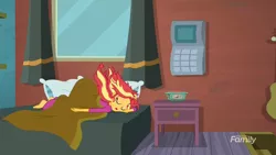Size: 1920x1080 | Tagged: safe, derpibooru import, screencap, sunset shimmer, eqg summertime shorts, equestria girls, monday blues, ass up, barefoot, bed, feet, sleeping, solo, sunset's apartment