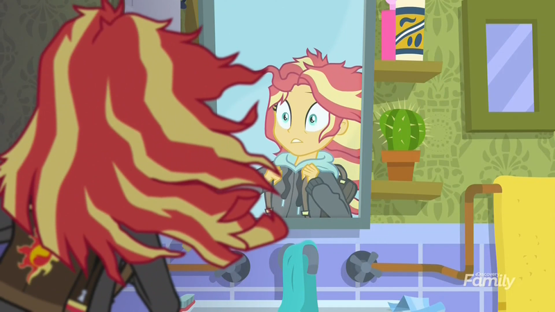 Size: 1920x1080 | Tagged: safe, derpibooru import, screencap, sunset shimmer, eqg summertime shorts, equestria girls, monday blues, mane 'n tail, mirror, solo, sunset's apartment