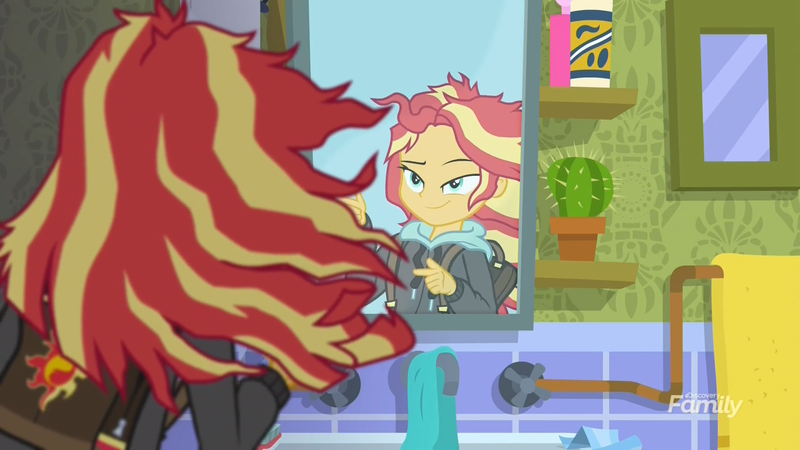 Size: 1920x1080 | Tagged: safe, derpibooru import, screencap, sunset shimmer, eqg summertime shorts, equestria girls, monday blues, mane 'n tail, mirror, solo, sunset's apartment