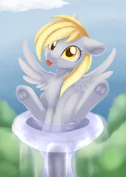 Size: 1254x1770 | Tagged: safe, artist:dusthiel, derpibooru import, derpy hooves, pegasus, pony, behaving like a bird, bird bath, cute, derpabetes, female, floppy ears, frog (hoof), looking at you, mare, sitting, smiling, solo, tongue out, underhoof