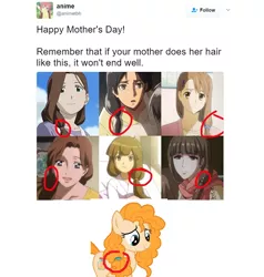 Size: 580x609 | Tagged: safe, derpibooru import, edit, edited screencap, screencap, pear butter, earth pony, human, pony, the perfect pear, anime, barely pony related, coincidence?!... probably, female, implied death, mare, meme, mother, mother's day, triggered