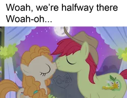 Size: 960x740 | Tagged: safe, derpibooru import, edit, edited screencap, screencap, bright mac, pear butter, the perfect pear, bon jovi, brightbutter, female, livin' on a prayer, lyrics, male, pun, shipping, song reference, straight, text