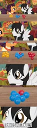 Size: 607x2048 | Tagged: safe, artist:lunahazacookie, derpibooru import, saffron masala, oc, oc:nightwish, pony, captions, chocolate, comic, food, inside joke, internal, m&m's, manip, ocd, panic, table, the tasty treat, vector, zoomed in