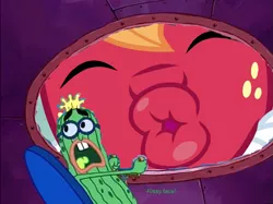 Size: 883x661 | Tagged: safe, derpibooru import, edit, edited screencap, screencap, big macintosh, pony, hard to say anything, crossover, holoturia, i'm your biggest fanatic, kevin, kevin the sea cucumber, kissy face, not salmon, sea cucumber, spongebob squarepants, wat