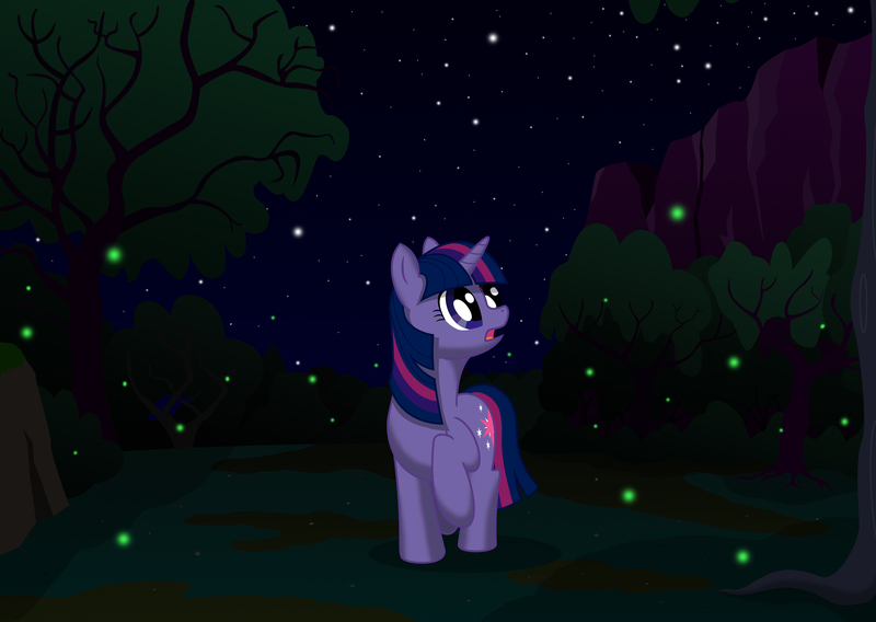 Size: 3504x2488 | Tagged: safe, artist:malte279, derpibooru import, twilight sparkle, firefly (insect), insect, pony, unicorn, everfree forest, glowworms, night, unicorn twilight