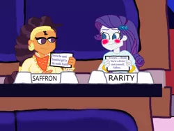 Size: 1032x774 | Tagged: safe, artist:ktd1993, derpibooru import, match game, rarity, saffron masala, equestria girls, blushing, equestria girls-ified, female, lesbian, match game (game show), raffron, shipping