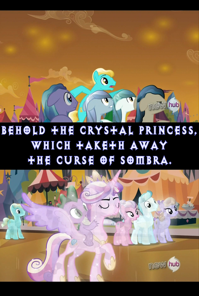 Size: 1280x1903 | Tagged: safe, derpibooru import, screencap, amber waves, bright smile, castle (crystal pony), crystal arrow, crystal beau, elbow grease, ivory, ivory rook, night knight, paradise (crystal pony), princess cadance, rubinstein, spike, crystal pony, pony, the crystal empire, caption, crystal empire, crystal princess, image macro, john the baptist, meme, text